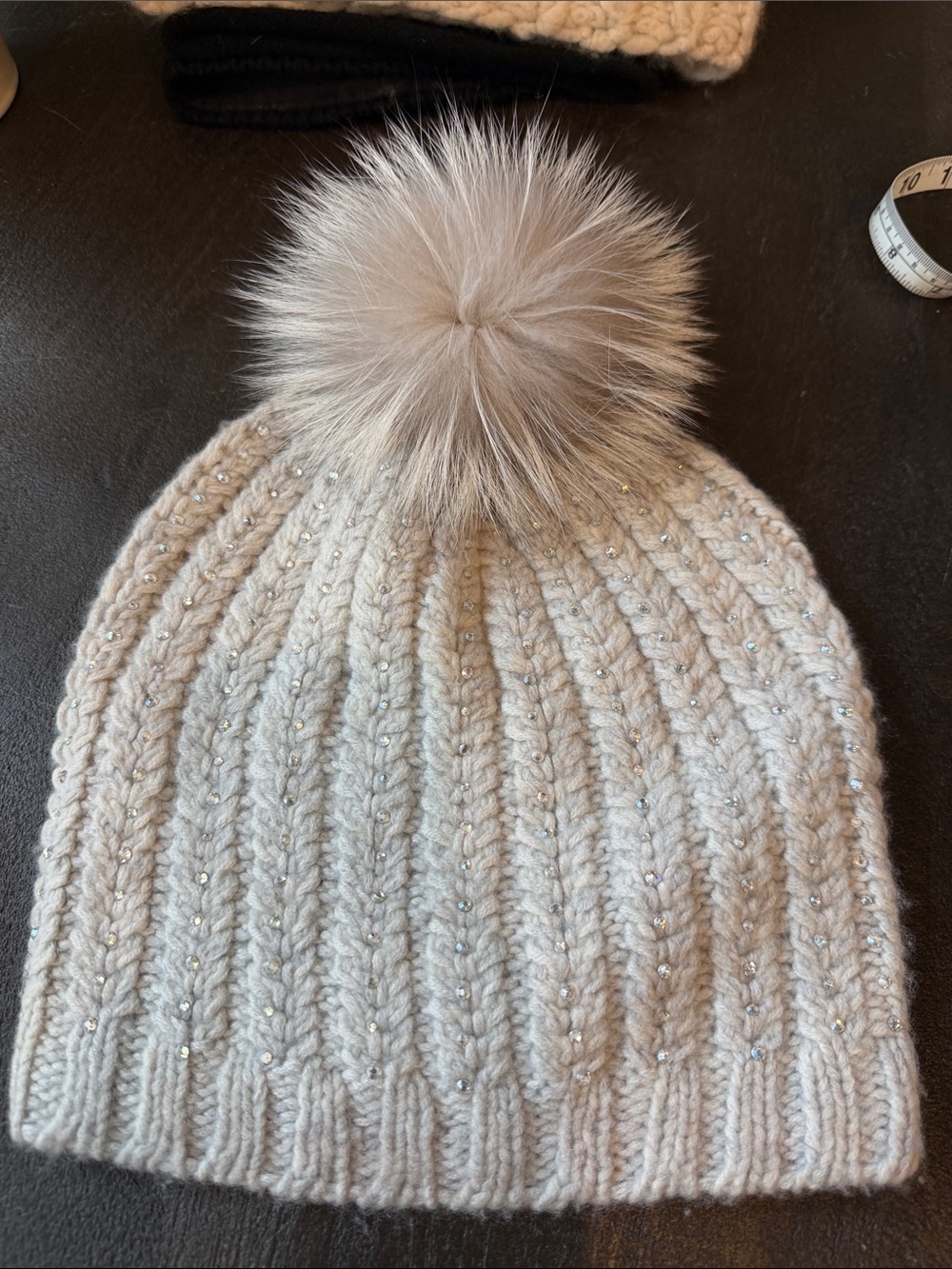 Light gray Knit Beanie with Fox Fur Pom and Crystal Accents